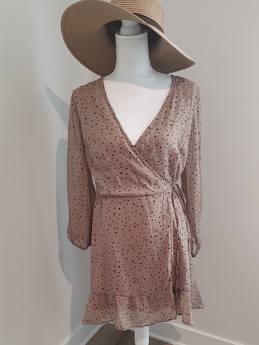 Beige & Black Polka-Dot Wrap Fairy Day-Dress Soft- Girl Sheer Casual Preppy